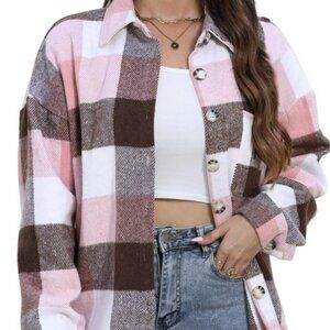 Womens Plaid Shirts Flannel Shacket Jacket Long Sleeve Button Down